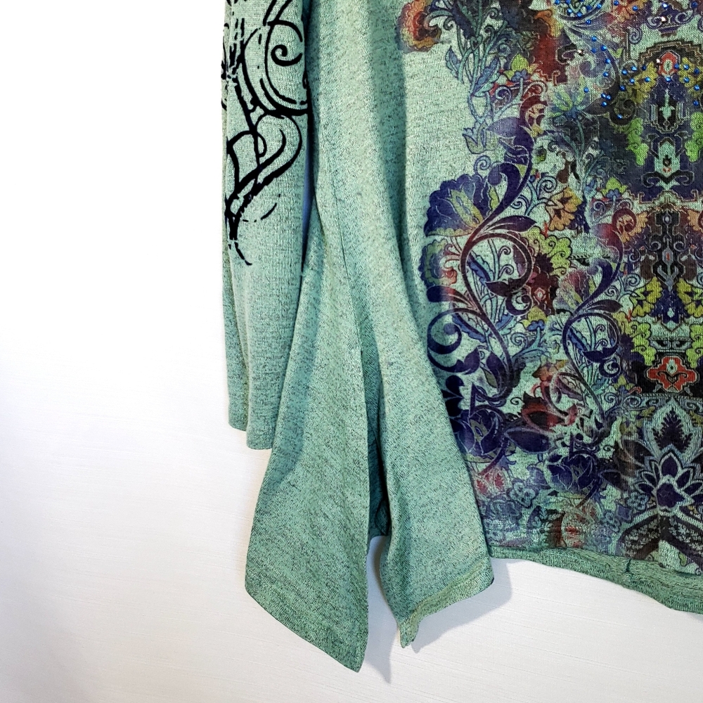 Y2K Abstract Tribal Fairy Top Asymetrical Long sleeve Shirt Green XL - Picture 3 of 5